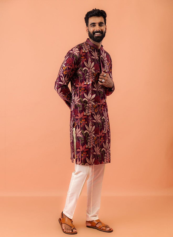 KISAH Men Maroon Multicolor Floral Printed Silk Blend Kurta for Festive & Wedding Wear - Image 4