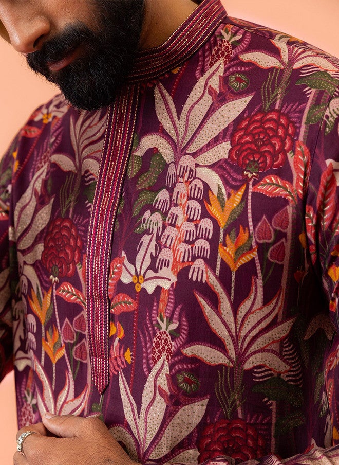 KISAH Men Maroon Multicolor Floral Printed Silk Blend Kurta for Festive & Wedding Wear - Image 3