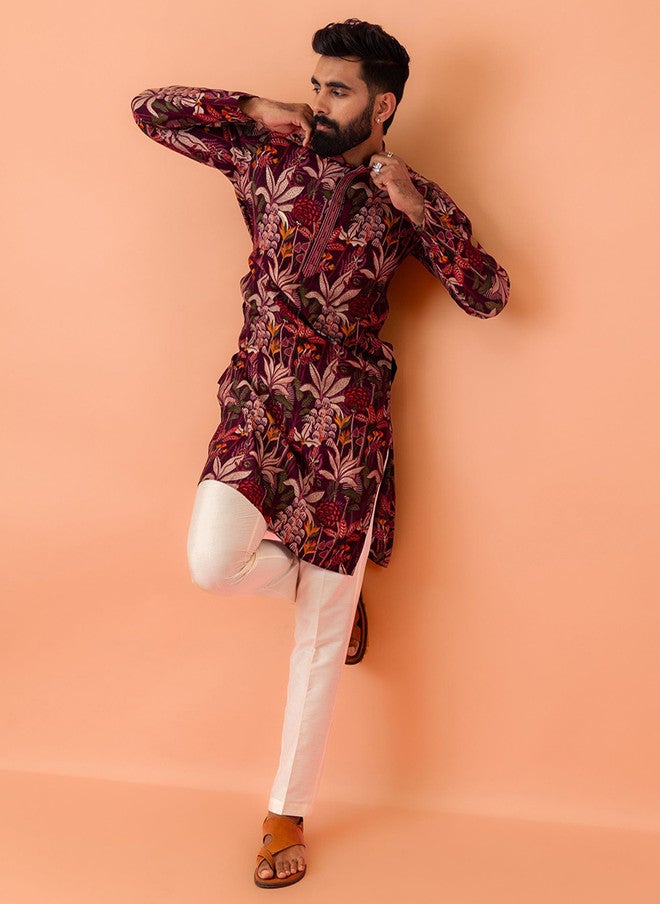 KISAH Men Maroon Multicolor Floral Printed Silk Blend Kurta for Festive & Wedding Wear - Image 2