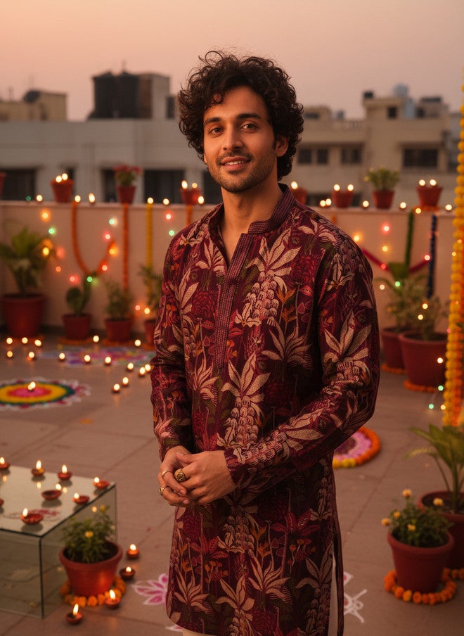 KISAH Men Maroon Multicolor Floral Printed Silk Blend Kurta for Festive & Wedding Wear - Image 1