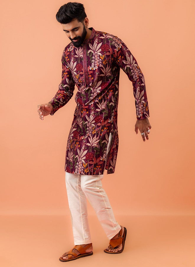 KISAH Men Maroon Multicolor Floral Printed Silk Blend Kurta for Festive & Wedding Wear - Image 5