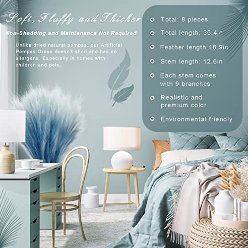 KALYLOC 8Pcs 35.4” Blue Colorful Faux Pampas Grass, Fluffy Artificial Bulrush Branches Boho Decor, Filler Tall Pampas Grass Reed Fluffy Stems for Living Room Wedding Decoration - Image 5