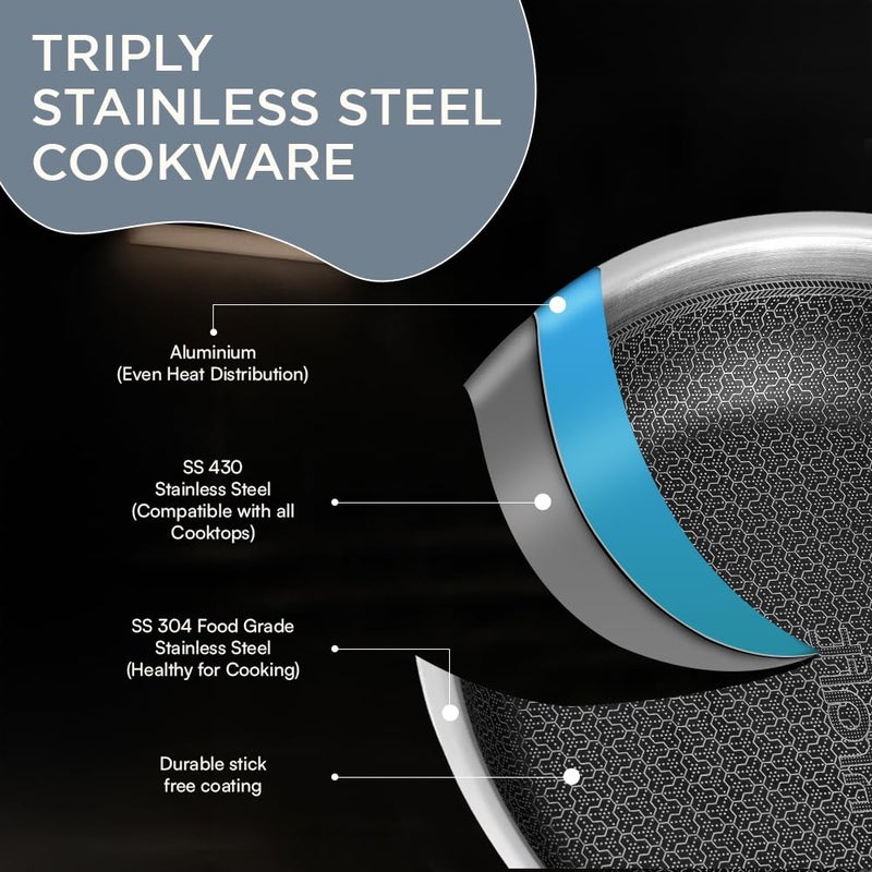 Kraft Futuretec Pro Stick Free Triply Stainless Steel Cookware Combo Set of 3 Pc | Kadai 2.4 L (22cm), Frypan 1.6 L (22cm) with Common Lid, Tri ply Induction, Gas cookware - Image 3