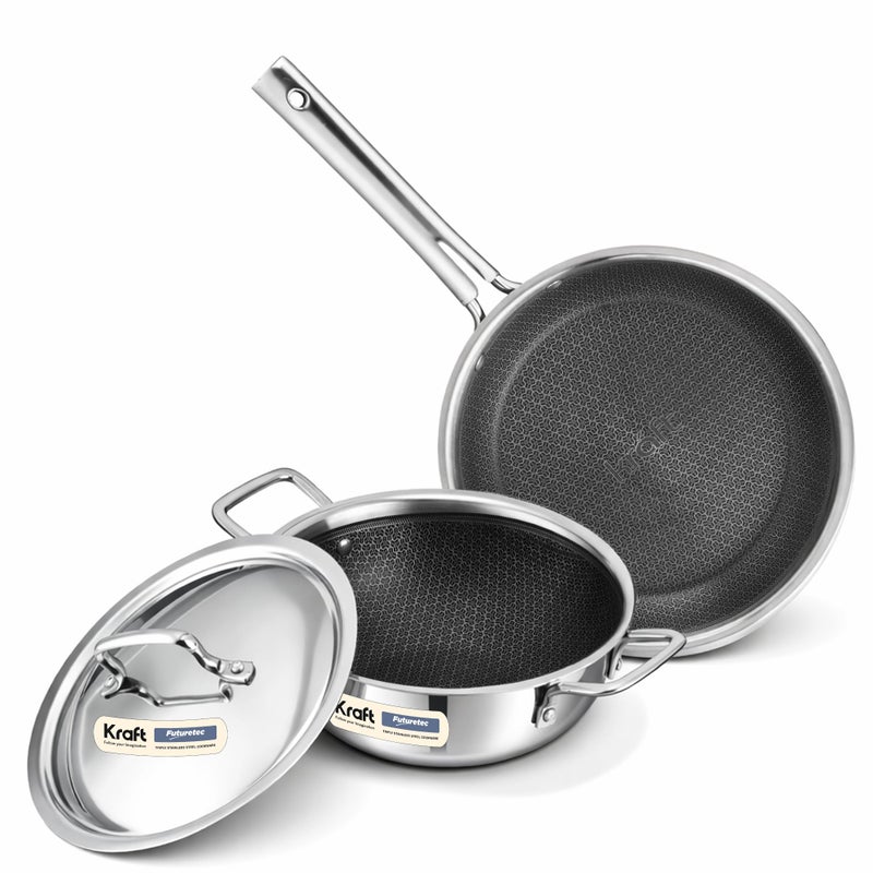 Kraft Futuretec Pro Stick Free Triply Stainless Steel Cookware Combo Set of 3 Pc | Kadai 2.4 L (22cm), Frypan 1.6 L (22cm) with Common Lid, Tri ply Induction, Gas cookware - Image 1
