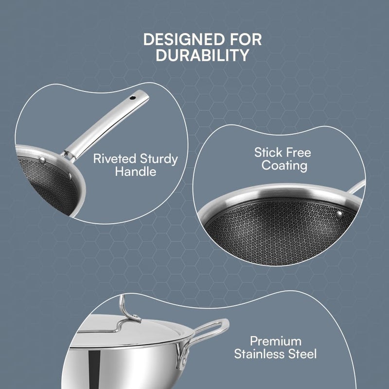 Kraft Futuretec Pro Stick Free Triply Stainless Steel Cookware Combo Set of 3 Pc | Kadai 2.4 L (22cm), Frypan 1.6 L (22cm) with Common Lid, Tri ply Induction, Gas cookware - Image 4