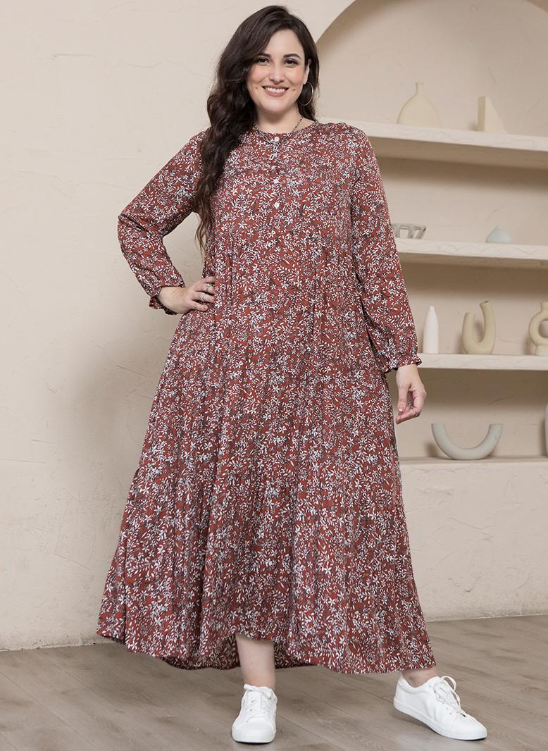 فرايديين لطيف دائري تباين اللون طباعة ازرار مكرمش كم منتظم فساتين حجم إضافي احمر - Image 5