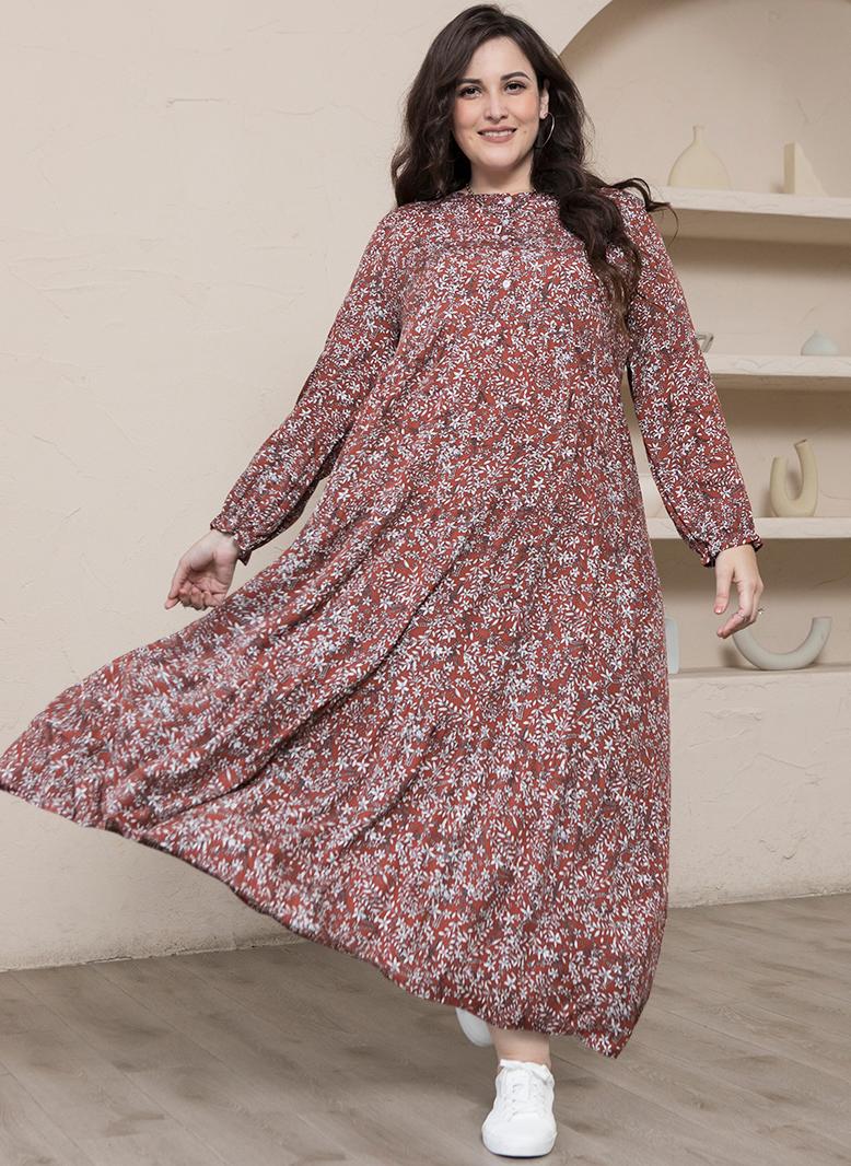 فرايديين لطيف دائري تباين اللون طباعة ازرار مكرمش كم منتظم فساتين حجم إضافي احمر - Image 1