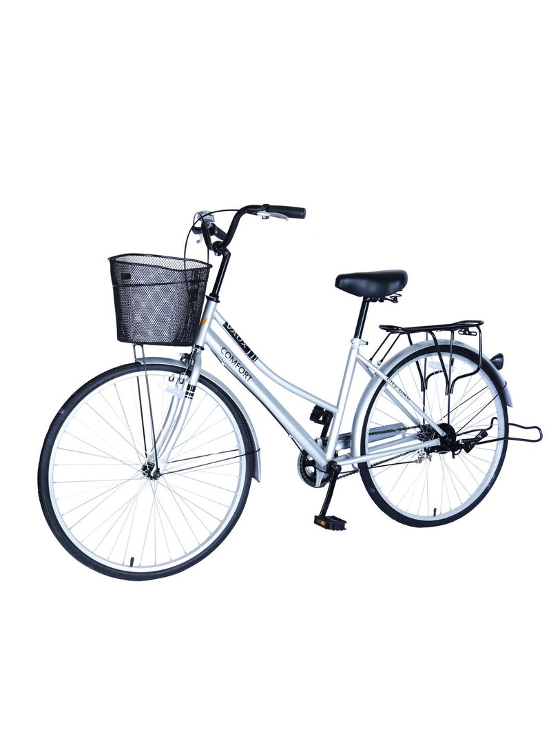 Vaux Comfort City Cruiser Bike || 26 Inch Wheel Size || For Adults || Adjustable Seat || Sturdy Steel Frame || Front Basket || Back Carrier || Silver - Image 2