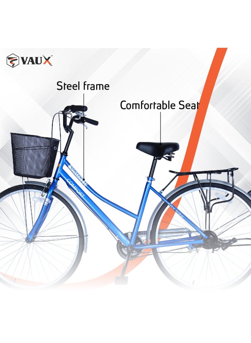 Vaux Comfort City Cruiser Bike || 26 Inch Wheel Size || For Adults || Adjustable Seat || Sturdy Steel Frame || Front Basket || Back Carrier || Silver - Image 3