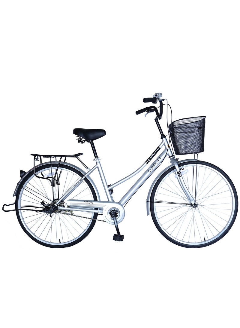 Vaux Comfort City Cruiser Bike || 26 Inch Wheel Size || For Adults || Adjustable Seat || Sturdy Steel Frame || Front Basket || Back Carrier || Silver - Image 1