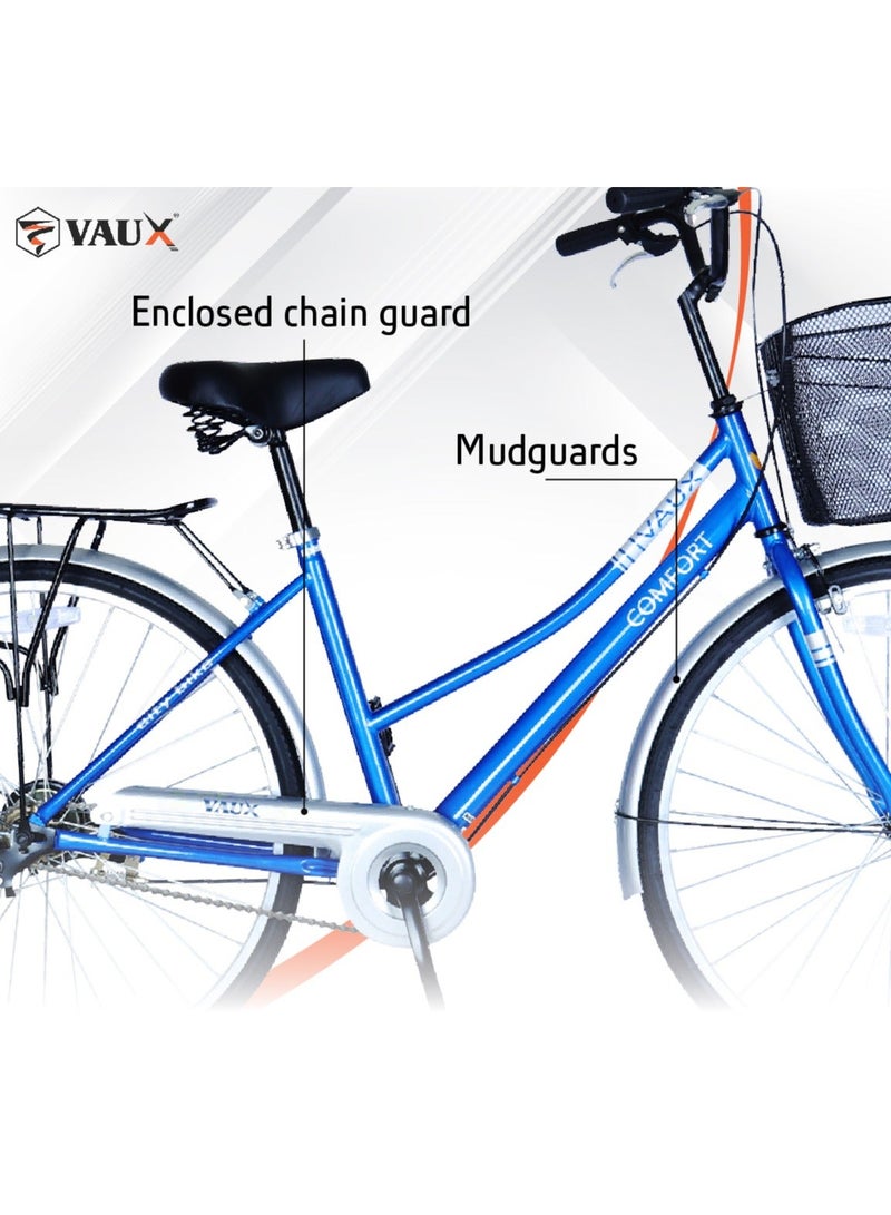 Vaux Comfort City Cruiser Bike || 26 Inch Wheel Size || For Adults || Adjustable Seat || Sturdy Steel Frame || Front Basket || Back Carrier || Silver - Image 5