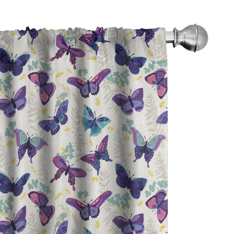Ambesonne Butterfly Window Curtains  Garden Scene of Plants Leaves and Tender Ornamental Flying Animals  Lightweight Decor 2-Panel Set with Rod Pocket  Pair of - 28"" x 63""  Eggshell - Image 1