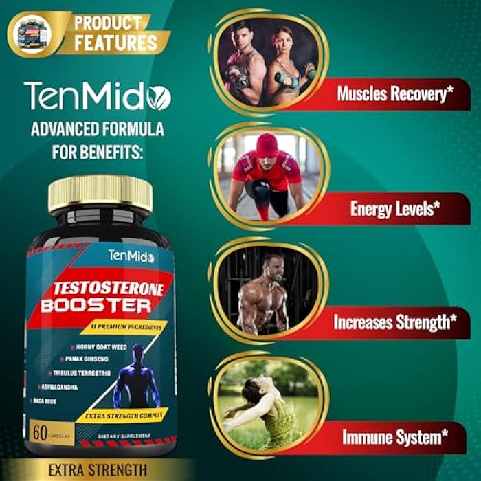 Tenmido 2 Packs of 60caps Testosterone Supplements Booster for Men, Equivalent to 10000mg - Natural Stamina, Endurance & Strength Supplement - Muscle Building Growth, Increasing Performance, Energy - Image 5
