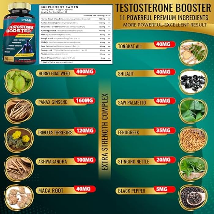 Tenmido 2 Packs of 60caps Testosterone Supplements Booster for Men, Equivalent to 10000mg - Natural Stamina, Endurance & Strength Supplement - Muscle Building Growth, Increasing Performance, Energy - Image 3