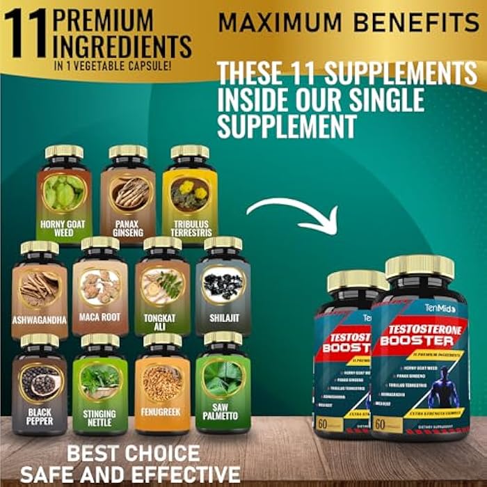 Tenmido 2 Packs of 60caps Testosterone Supplements Booster for Men, Equivalent to 10000mg - Natural Stamina, Endurance & Strength Supplement - Muscle Building Growth, Increasing Performance, Energy - Image 2