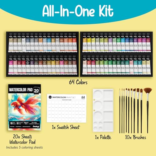 Chalkola Watercolor Paint Set 64 Water Color Paint Tubes 12ml 04oz 10 Painting Brushes 1 Palette 20 WaterColor Pad Art Supplies for Adults Professional Artists - Image 3