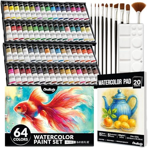 Chalkola Watercolor Paint Set 64 Water Color Paint Tubes 12ml 04oz 10 Painting Brushes 1 Palette 20 WaterColor Pad Art Supplies for Adults Professional Artists - Image 1