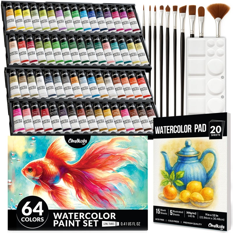 Chalkola Watercolor Paint Set 64 Water Color Paint Tubes 12ml 04oz 10 Painting Brushes 1 Palette 20 WaterColor Pad Art Supplies for Adults Professional Artists - Image 2