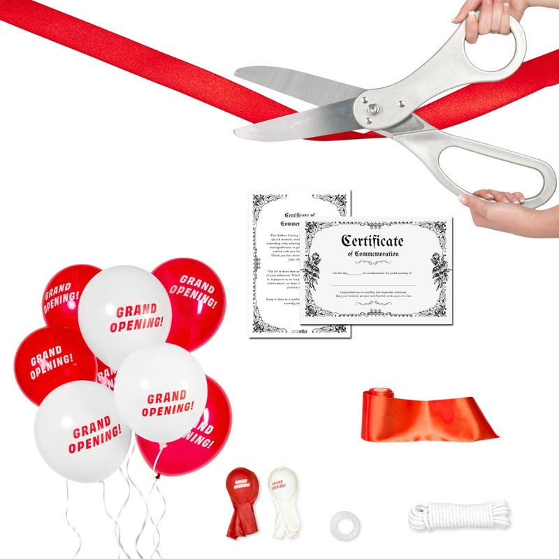Crutello Deluxe Giant Ribbon Cutting Ceremony Kit 20Giant Scissor Set Sharp Silver Handled XL Scissors 30ft of 4Wide Red Ribbon 10ft Banner 10 Red 10 White Balloons Banner Rope Balloon - Image 2