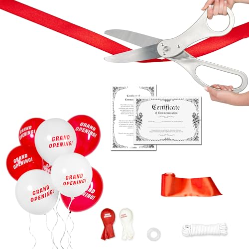 Crutello Deluxe Giant Ribbon Cutting Ceremony Kit 20Giant Scissor Set Sharp Silver Handled XL Scissors 30ft of 4Wide Red Ribbon 10ft Banner 10 Red 10 White Balloons Banner Rope Balloon - Image 1