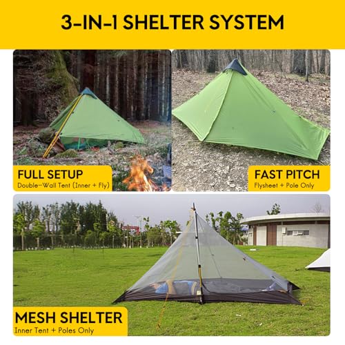 MIER LANSHAN Ultralight Tent 3-Season Waterproof Backpacking Tent for 1-Person Camping, Trekking, Climbing, Hiking, 1 Person, Green - Image 4