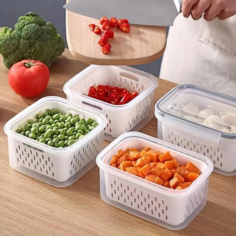 Brikipth Pack 4 Fridge Food Storage Container with Lids Plastic Fresh Produce Saver Keeper for Vegetable Fruit Berry Salad Lettuce BPA Free Kitchen Refrigerator Organizers Bins - Image 1