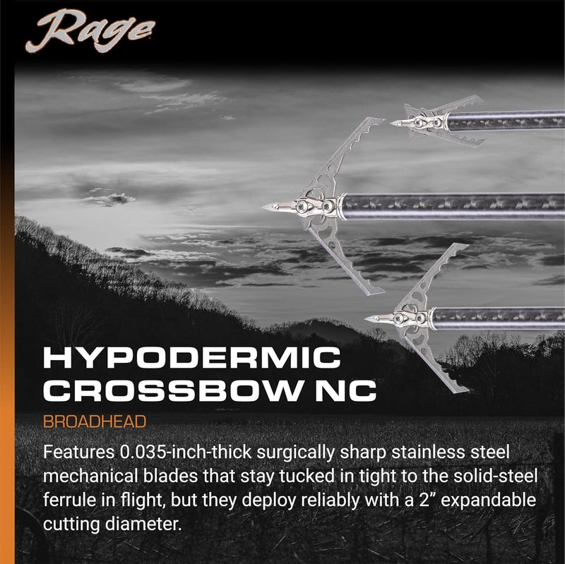 Rage Hypodermic 2-Blade Crossbow NC Broadhead, 100 Grain, Silver, 3 Count - Image 2