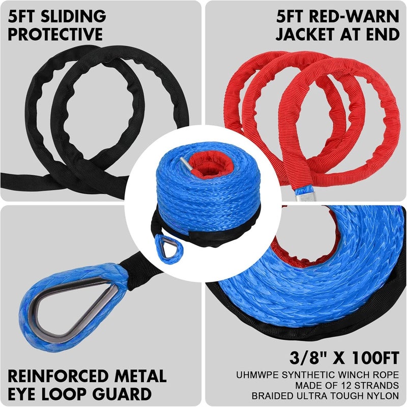 ESUPER 3/8" x 100ft Synthetic Winch Rope Dyneema 12 Strand Winch Cable Car Tow Recovery Winch Line Off Road Recovery Kit Winch Replacement Cable 26,500 lbs for 4WD Off Road Vehicle Truck SUV Jeep - Image 3