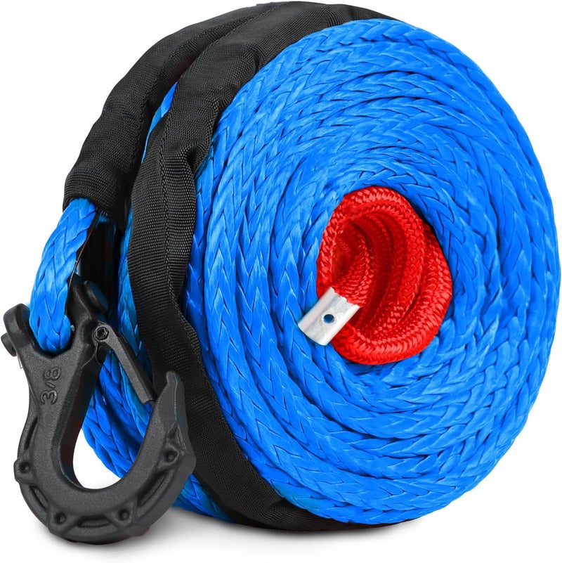 ESUPER 3/8" x 100ft Synthetic Winch Rope Dyneema 12 Strand Winch Cable Car Tow Recovery Winch Line Off Road Recovery Kit Winch Replacement Cable 26,500 lbs for 4WD Off Road Vehicle Truck SUV Jeep - Image 1