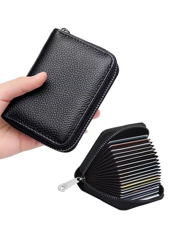RFID 20 Slots Credit Card Holder Genuine Leather Small Wallet for Women or Men with Zipper - Image 1