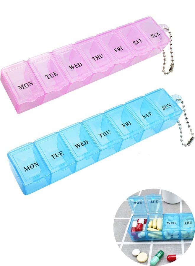 2 Pcs Weekly Pill Organizer Medicine Box, Mini Pill Case Week Medication Container for Travel (Pink+Blue) - Image 1