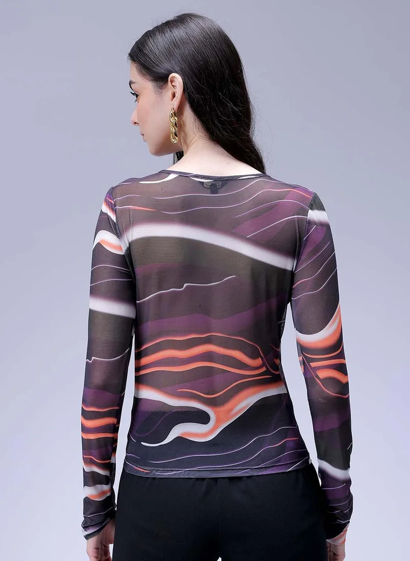 مرفوعة Women Fitted Partywear Abstract Print Round Neck Top