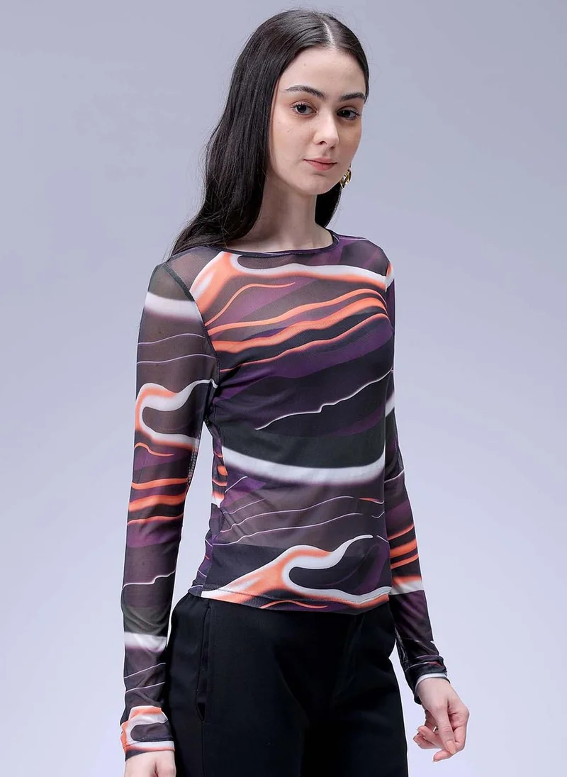 مرفوعة Women Fitted Partywear Abstract Print Round Neck Top