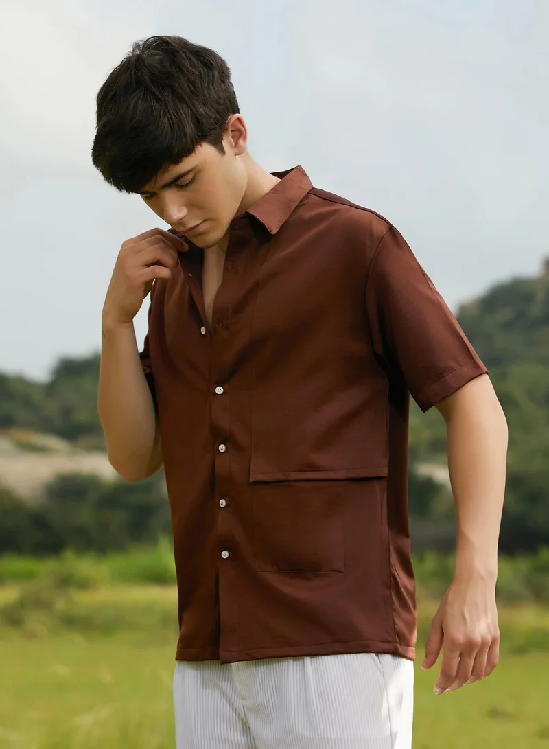Campus Sutra Men's Chocolate Brown Solid Flap Oversized Shirt
