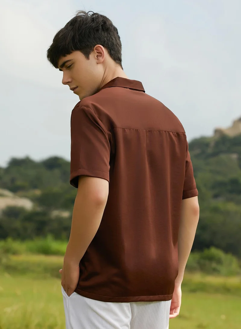 Campus Sutra Men's Chocolate Brown Solid Flap Oversized Shirt