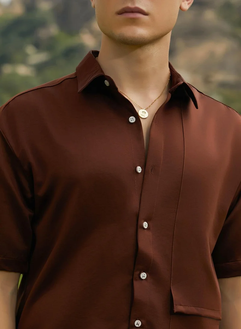 Campus Sutra Men's Chocolate Brown Solid Flap Oversized Shirt