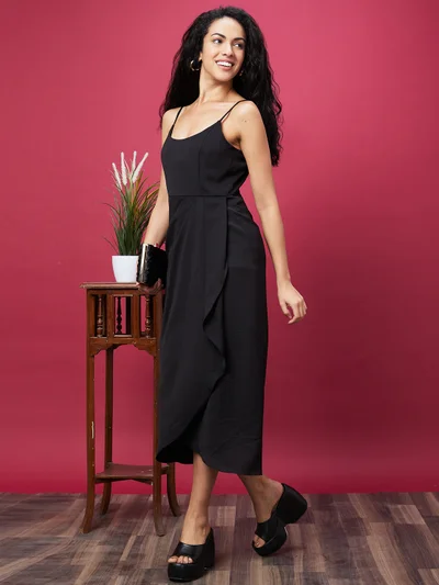 globus Women Black Shoulder Straps Gathered Satin A-Line Midi Dress