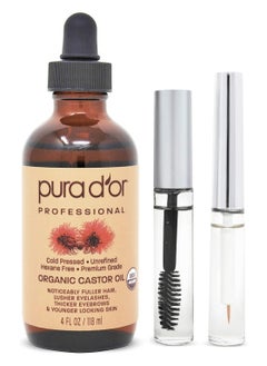 PURA D'OR Organic Castor Oil (4oz + 2 BONUS Pre-Filled Eyelash & Eyebrow Brushes) 100% Pure, Cold Pressed, Hexane Free Growth Serum For Fuller, Thicker Lashes & Brows, Moisturizes & Cleanses Skin
