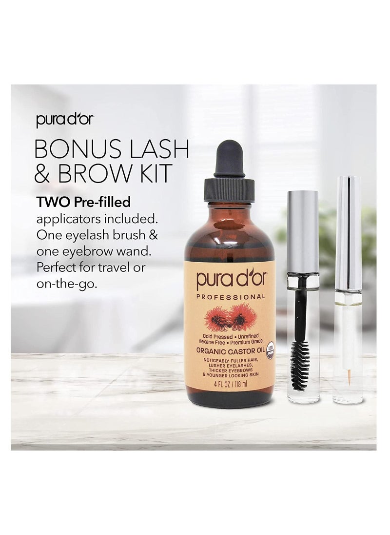 Pura d'or - PURA D'OR Organic Castor Oil (4oz + 2 BONUS Pre-Filled Eyelash & Eyebrow Brushes) 100% Pure, Cold Pressed, Hexane Free Growth Serum For Fuller, Thicker Lashes & Brows, Moisturizes & Cleanses Skin - Image 1