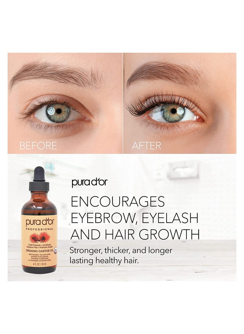 Pura d'or - PURA D'OR Organic Castor Oil (4oz + 2 BONUS Pre-Filled Eyelash & Eyebrow Brushes) 100% Pure, Cold Pressed, Hexane Free Growth Serum For Fuller, Thicker Lashes & Brows, Moisturizes & Cleanses Skin - Image 1
