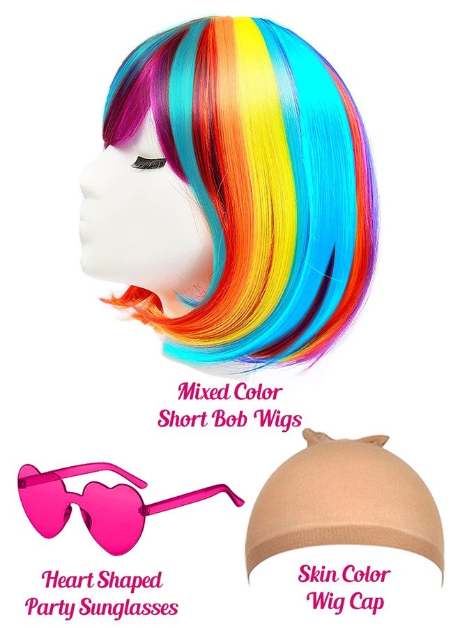 LIULIUBTY Short Bob Hair Wigs Straight with Flat Bangs Synthetic Colorful Cosplay Daily Party Neon Wig for Women + Free Wig Cap 12" Natural As Real (Mixed color) - Image 2