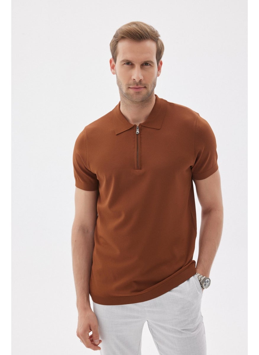 Odelon - Limited Men's Plain Zippered Polo Neck Rayon Knitwear T-Shirt Brown - Image 1