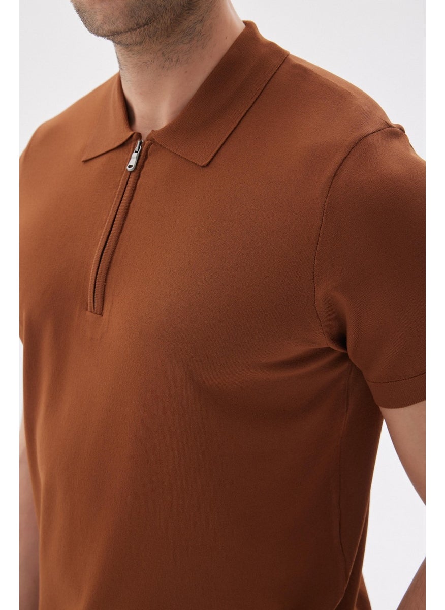 Odelon - Limited Men's Plain Zippered Polo Neck Rayon Knitwear T-Shirt Brown - Image 1