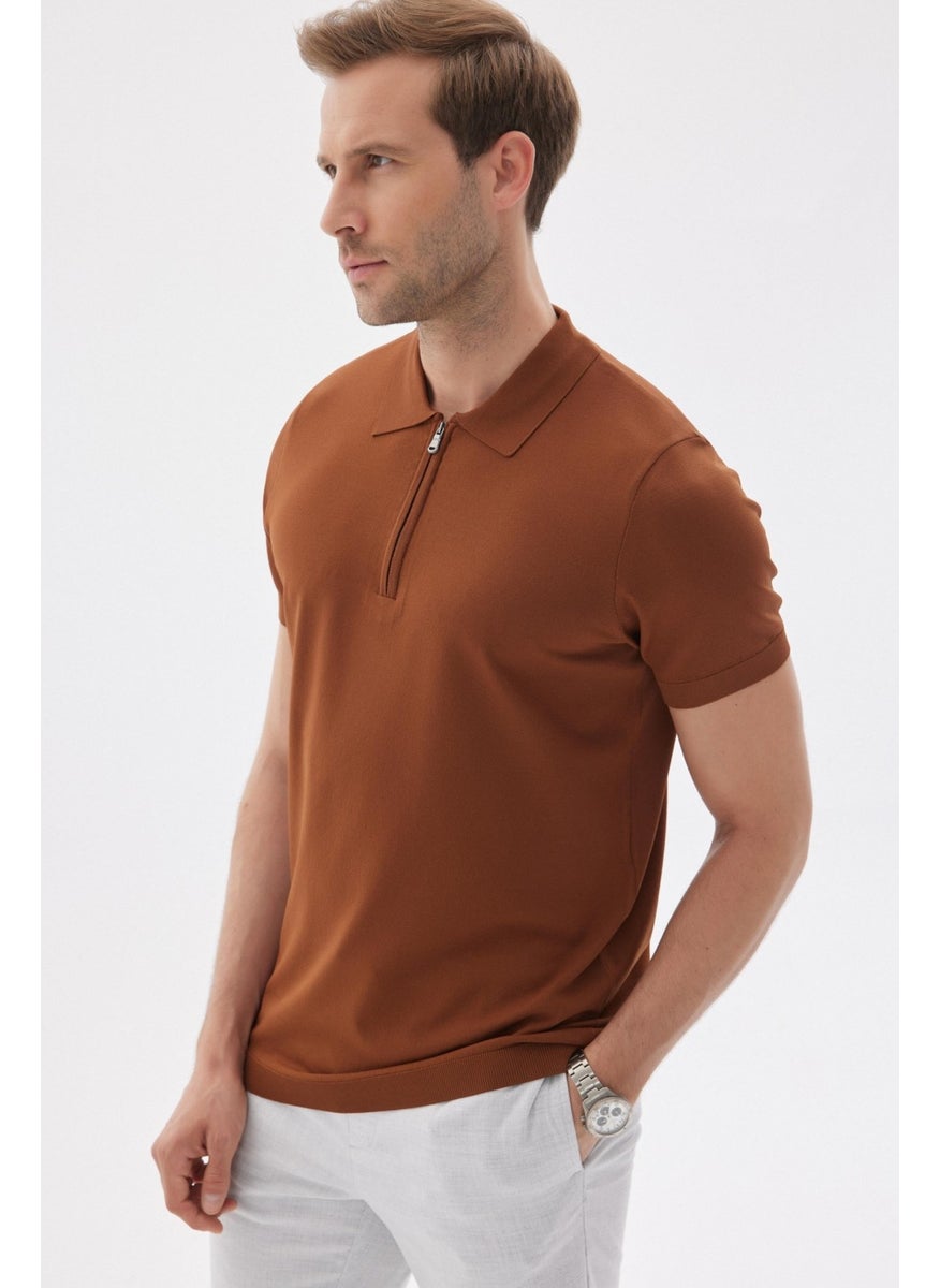 Odelon - Limited Men's Plain Zippered Polo Neck Rayon Knitwear T-Shirt Brown - Image 1