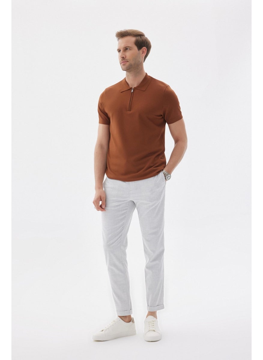 Odelon - Limited Men's Plain Zippered Polo Neck Rayon Knitwear T-Shirt Brown - Image 1