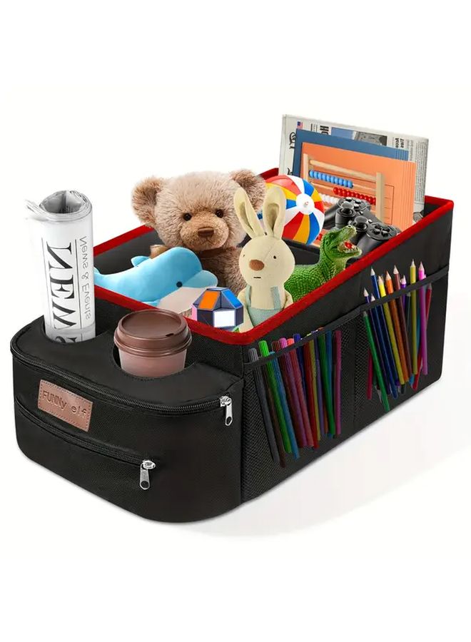Red Stripes Collapsible Car Storage Box Passenger Seat Organizer With 2 Cup Holders - Image 1