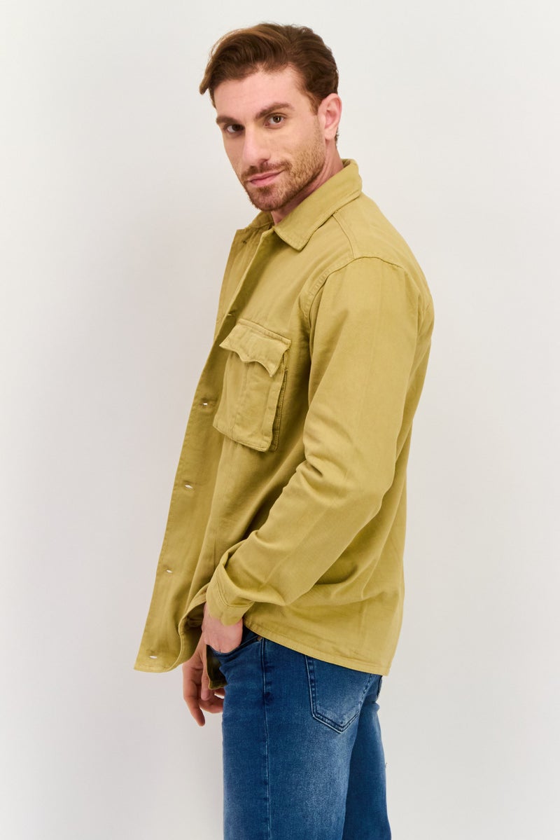 Night Addict Men Plain Long Sleeve Jacket Shirt, Dark Beige - Image 3