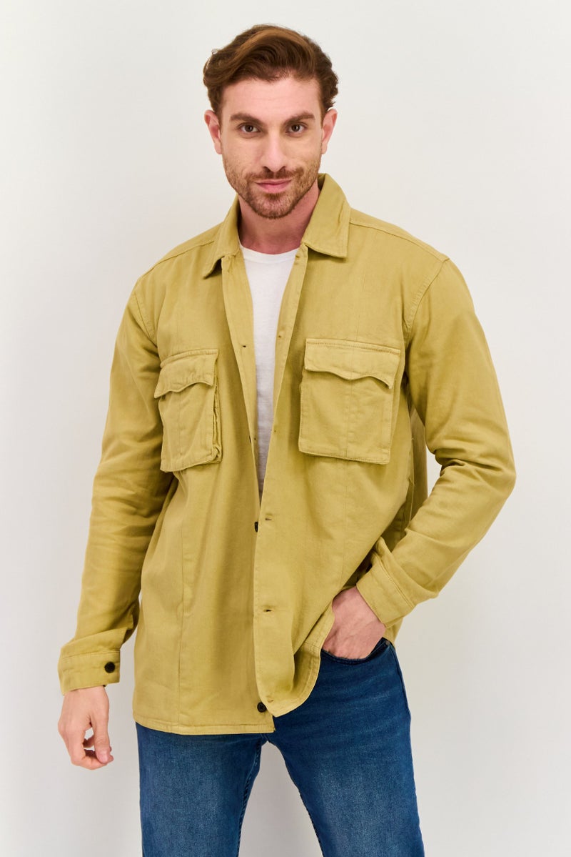 Night Addict Men Plain Long Sleeve Jacket Shirt, Dark Beige - Image 1