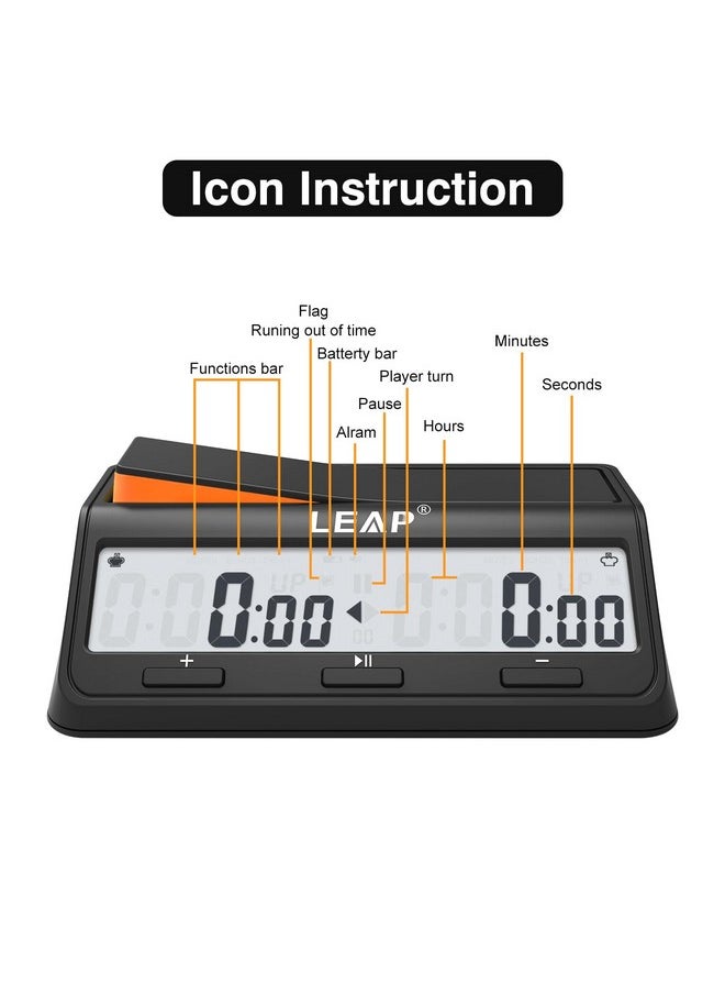 LEAP LEAP Chess Clock Digital Chess Timer Advanced for Board Game and Chess Timer with Bonus & Delay Count Down up Alarm Black/Orange  - Image 2