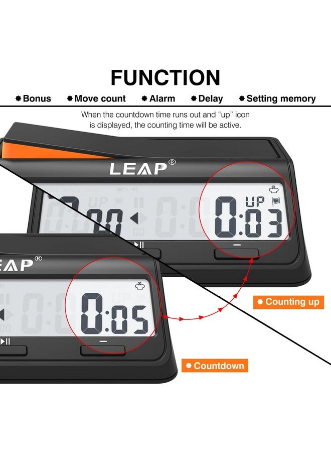 LEAP LEAP Chess Clock Digital Chess Timer Advanced for Board Game and Chess Timer with Bonus & Delay Count Down up Alarm Black/Orange  - Image 4